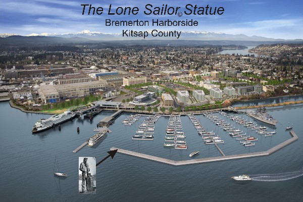 Click on this picture to view and download a High Resolution artist rendition of the proposed Lone Sailor Location on the Bremerton Breakwater  (1 MB jpg).